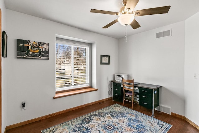 office space featuring dark wood finished floors, a ceiling fan, and visible vents
