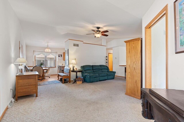 509 Meadow View Rd, Mount Horeb, WI 53572 - living room with baseboards, visible vents, a ceiling fan, and light colored carpet