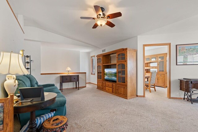 509 Meadow View Rd, Mount Horeb, WI 53572 - carpeted living room featuring ceiling fan, vaulted ceiling, visible vents, and baseboards