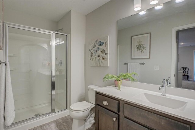 102 Linden Ave, Hudson, WI 54016 - bathroom featuring toilet, vanity, wood finished floors, and a shower stall