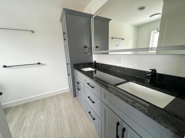 bathroom featuring a sink, baseboards, double vanity, and wood finished floors
