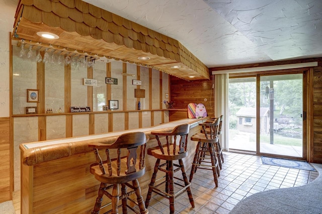 W5854 Bubbling Springs Dr, Elkhorn, WI 53121 - bar with tile patterned floors, a dry bar, and wooden walls