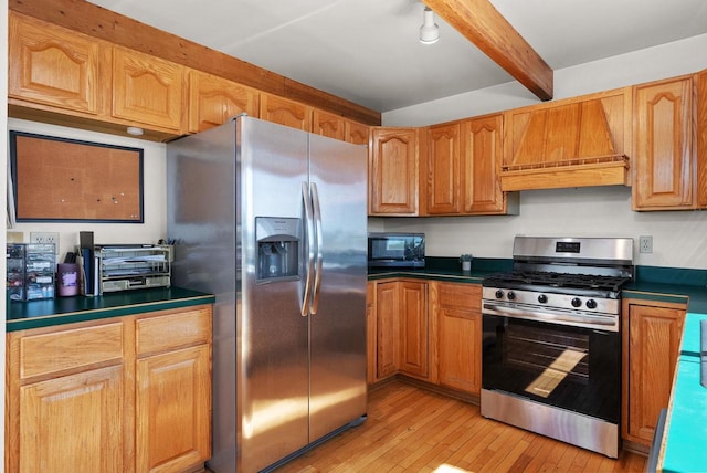 1690 Kestrel Ln, Blue Mounds, WI 53517 - kitchen with stainless steel appliances, custom exhaust hood, beam ceiling, light wood-style floors, and dark countertops
