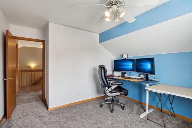 119 Vilas Hibbard Pkwy, Lodi, WI 53555 - office area with baseboards, lofted ceiling, ceiling fan, and carpet floors