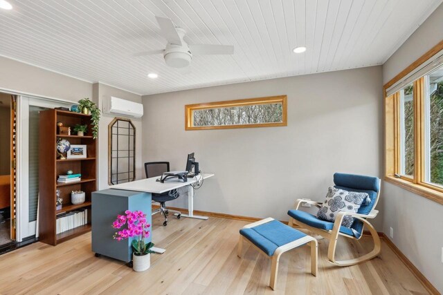 119 Vilas Hibbard Pkwy, Lodi, WI 53555 - home office featuring wooden ceiling, wood finished floors, baseboards, an AC wall unit, and ceiling fan