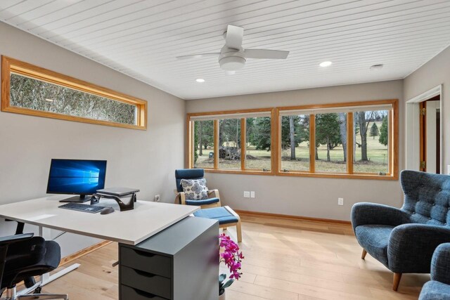 119 Vilas Hibbard Pkwy, Lodi, WI 53555 - office featuring wood ceiling, a ceiling fan, light wood-style flooring, baseboards, and recessed lighting