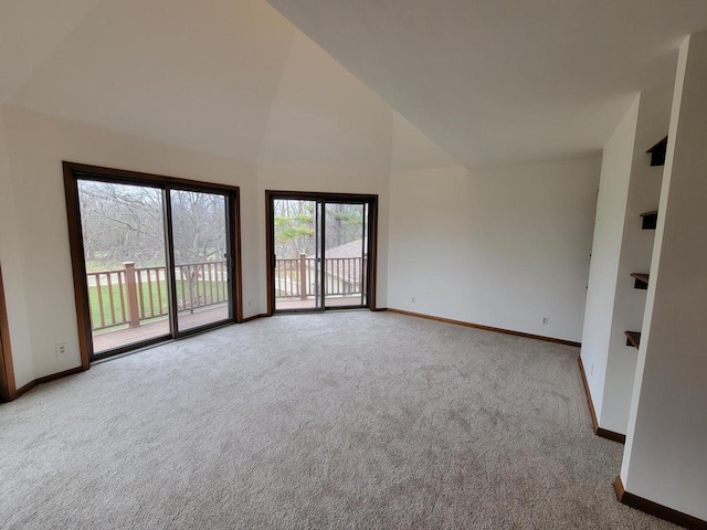 2215 N Shore Dr, Delavan, WI 53115 - spare room featuring baseboards, carpet flooring, and high vaulted ceiling