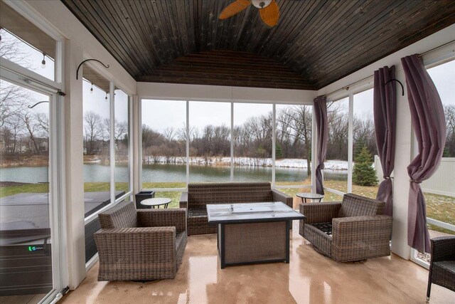 3265 Casey Trl, Oshkosh, WI 54904 - sunroom featuring wood ceiling, an outdoor hangout area, finished concrete floors, a water view, and ceiling fan