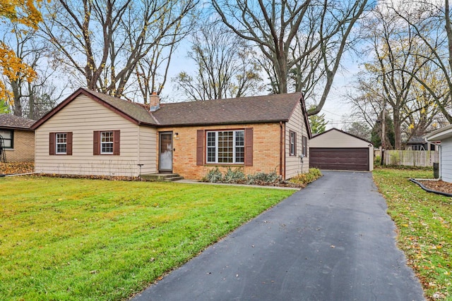ranch-style house with a chimney, entry steps, an outbuilding, brick siding, and a garage