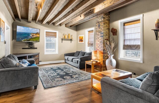 3304 Nicolet Dr, Green Bay, WI 54311 - living room featuring wooden ceiling, wood finished floors, and beamed ceiling