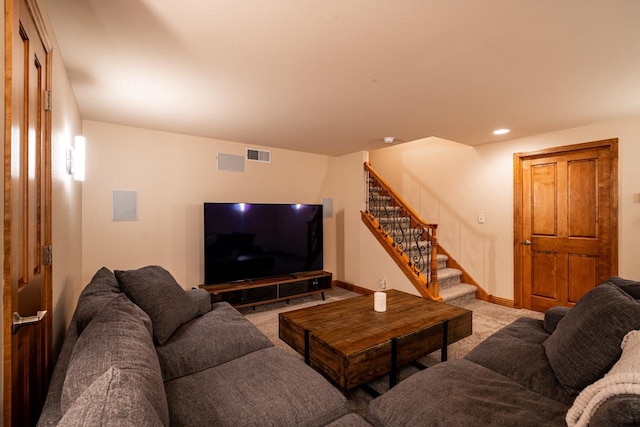 4824 Hampton Ct, Mount Pleasant, WI 53403 - carpeted living room with recessed lighting, baseboards, visible vents, and stairs