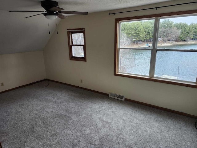 N9148 Sandy Lake Rd, Neshkoro, WI 54960 - additional living space featuring carpet flooring, visible vents, baseboards, a ceiling fan, and lofted ceiling