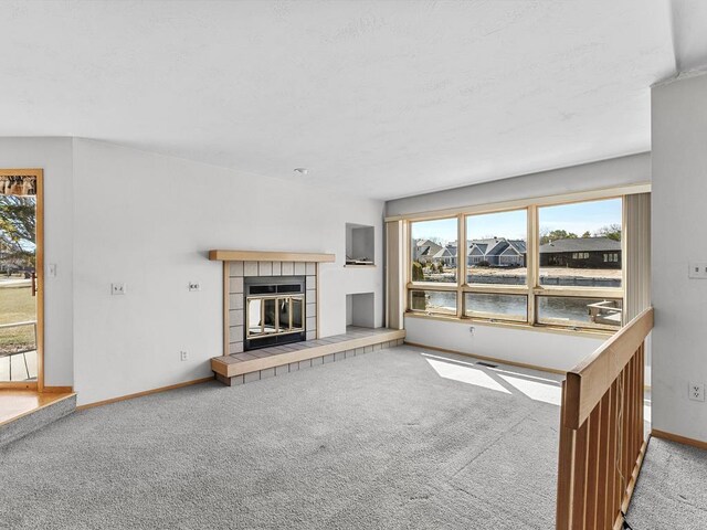 535 E Vine Ct, Sturgeon Bay, WI 54235 - unfurnished living room featuring baseboards, a fireplace, and carpet floors
