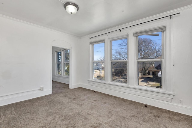 unfurnished room featuring crown molding, baseboards, and carpet floors