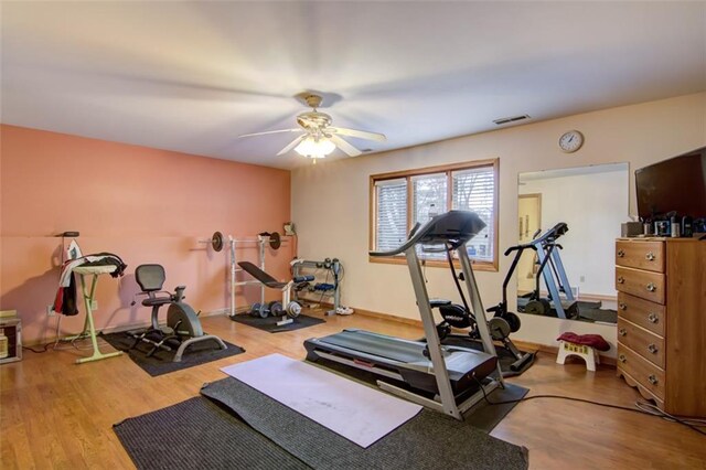 4330 S Pointe Ct, Eau Claire, WI 54701 - workout area with visible vents, baseboards, a ceiling fan, and wood finished floors