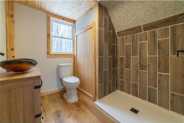61128 Fleming Loop, Askov, MN 55704 - full bathroom featuring a shower stall, toilet, wood finished floors, vanity, and wooden ceiling