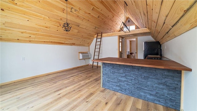61128 Fleming Loop, Askov, MN 55704 - bar with black refrigerator, wood ceiling, lofted ceiling, and wood finished floors