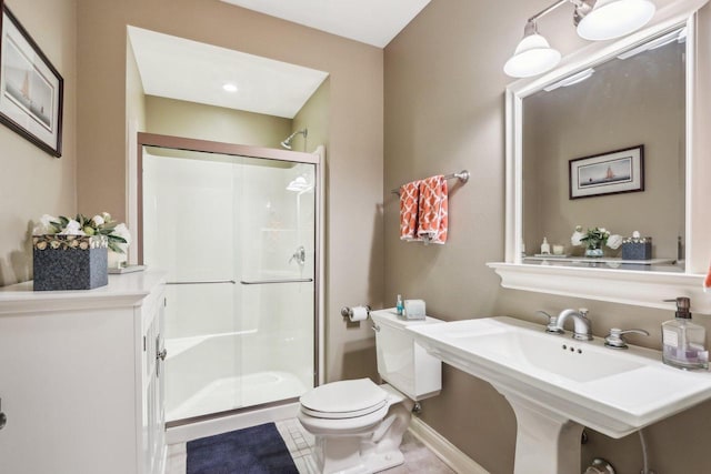 S51W29202 Ridgefield Rd, Waukesha, WI 53189 - full bathroom with toilet, a stall shower, a sink, and tile patterned flooring