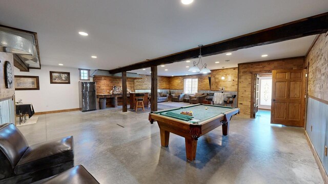 26350 Drake Ln, Cazenovia, WI 53924 - playroom with pool table, finished concrete floors, baseboards, beamed ceiling, and recessed lighting