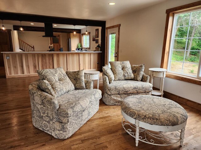 26350 Drake Ln, Cazenovia, WI 53924 - living area featuring baseboards, recessed lighting, wood finished floors, and stairway