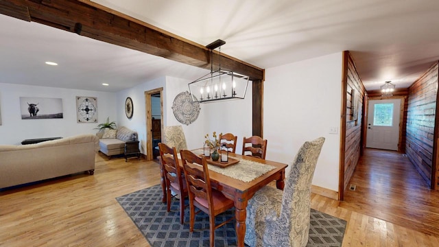 26350 Drake Ln, Cazenovia, WI 53924 - dining area featuring recessed lighting, an inviting chandelier, baseboards, light wood-style floors, and beamed ceiling