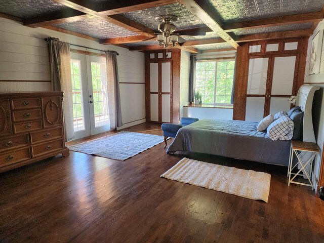 26350 Drake Ln, Cazenovia, WI 53924 - bedroom featuring french doors, hardwood / wood-style flooring, access to exterior, and coffered ceiling