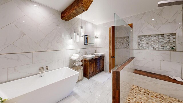 26350 Drake Ln, Cazenovia, WI 53924 - full bath featuring vanity, tile walls, beam ceiling, a freestanding bath, and a walk in shower