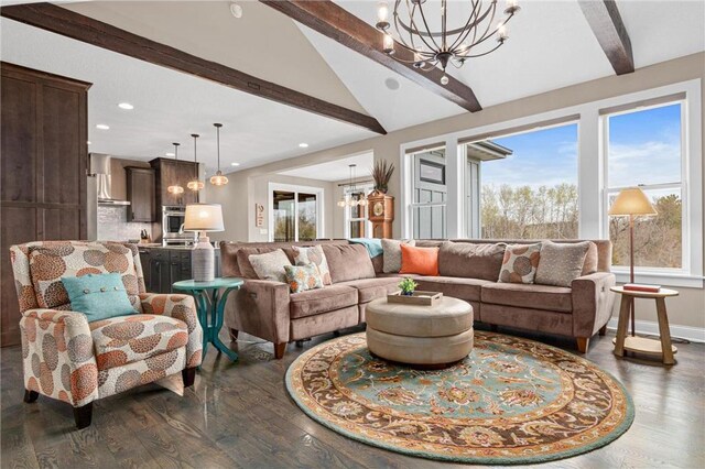 438 Highland Vw, Houlton, WI 54082 - living area featuring an inviting chandelier, a wealth of natural light, recessed lighting, and dark wood finished floors
