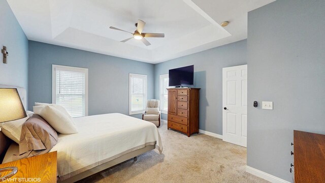 425 Maple Ln, Williams Bay, WI 53191 - bedroom featuring a tray ceiling, baseboards, light carpet, and ceiling fan