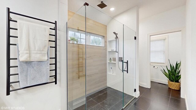 425 Maple Ln, Williams Bay, WI 53191 - bathroom featuring tile patterned flooring, a stall shower, baseboards, and recessed lighting