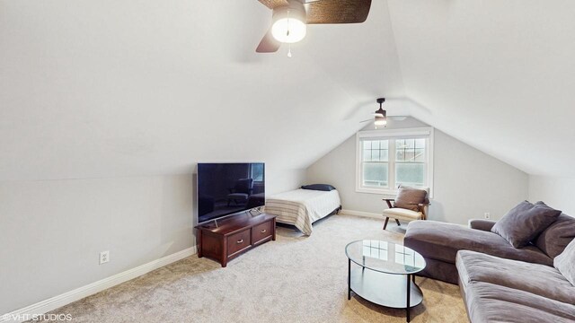 425 Maple Ln, Williams Bay, WI 53191 - bedroom featuring a ceiling fan, lofted ceiling, baseboards, and light colored carpet