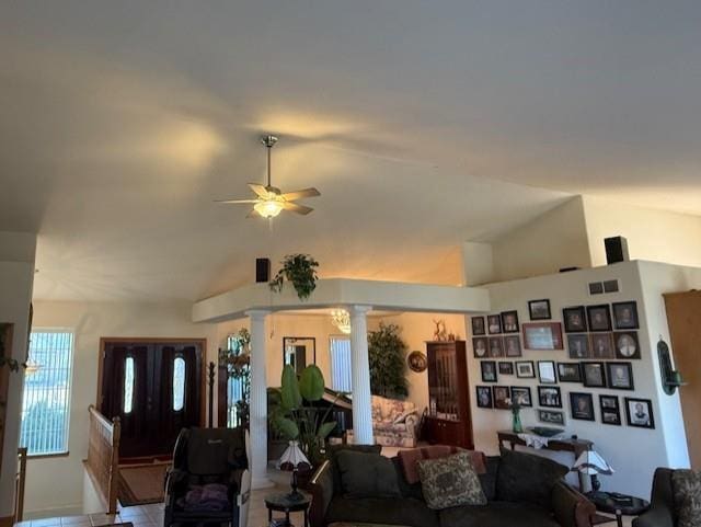 2026 Stonehaven Dr, Sun Prairie, WI 53590 - living room with ornate columns, ceiling fan, visible vents, and vaulted ceiling