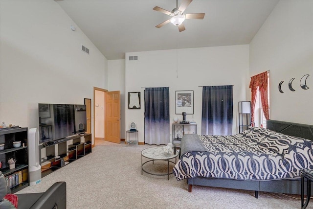 2026 Stonehaven Dr, Sun Prairie, WI 53590 - carpeted bedroom featuring visible vents, ceiling fan, and high vaulted ceiling