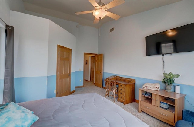 2026 Stonehaven Dr, Sun Prairie, WI 53590 - bedroom with carpet flooring, visible vents, baseboards, a ceiling fan, and high vaulted ceiling