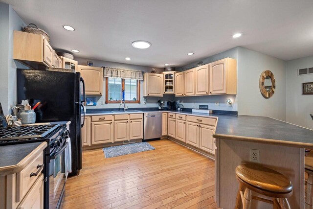 W1335 N Blue Spring Lake Dr, Palmyra, WI 53156 - kitchen featuring a peninsula, light brown cabinets, a sink, stainless steel dishwasher, and black gas range