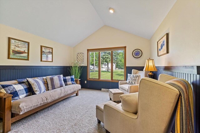 W1335 N Blue Spring Lake Dr, Palmyra, WI 53156 - carpeted living room featuring vaulted ceiling and wainscoting