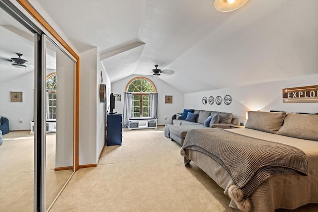 W1335 N Blue Spring Lake Dr, Palmyra, WI 53156 - bedroom featuring vaulted ceiling, baseboards, light colored carpet, and ceiling fan