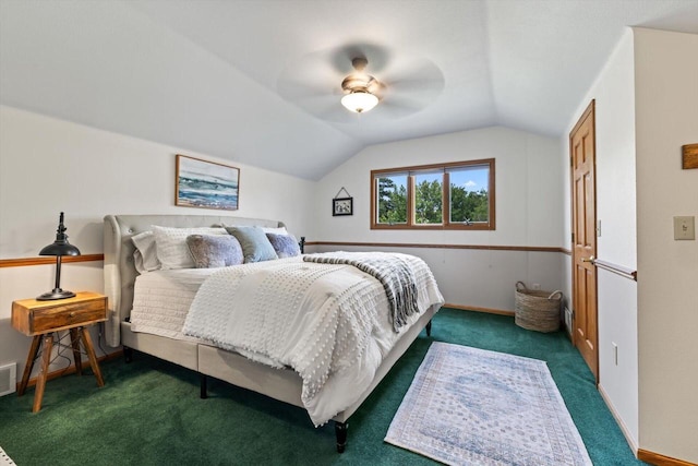 W1335 N Blue Spring Lake Dr, Palmyra, WI 53156 - bedroom with baseboards, lofted ceiling, ceiling fan, and dark carpet
