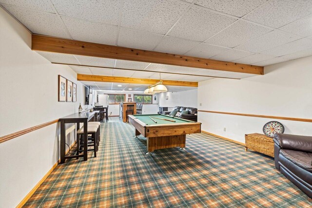 W1335 N Blue Spring Lake Dr, Palmyra, WI 53156 - game room featuring indoor bar, carpet flooring, baseboards, a drop ceiling, and pool table