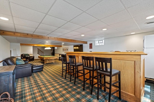 W1335 N Blue Spring Lake Dr, Palmyra, WI 53156 - bar featuring recessed lighting, bar, visible vents, freestanding refrigerator, and billiards