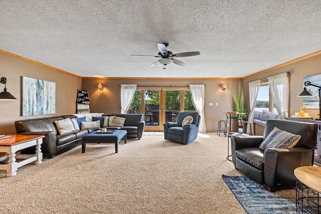 W1335 N Blue Spring Lake Dr, Palmyra, WI 53156 - carpeted living room with a textured ceiling, crown molding, and a ceiling fan