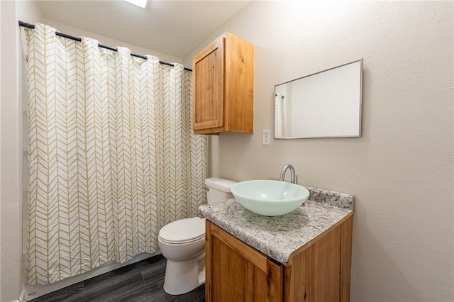 3202 120th St, Chippewa Falls, WI 54729 - bathroom with toilet, a shower with shower curtain, wood finished floors, and vanity