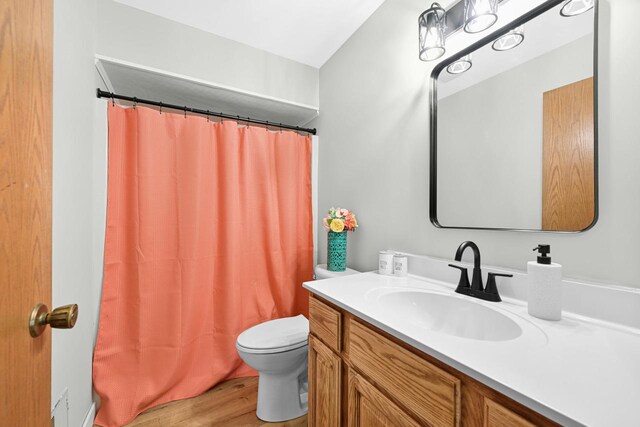 W590 Kearney Rd, Burlington, WI 53105 - bathroom with toilet, wood finished floors, vanity, and a shower with shower curtain