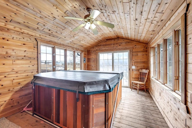 3237 Mill Rd, Greenleaf, WI 54126 - interior space with light wood finished floors, wooden ceiling, wooden walls, and vaulted ceiling