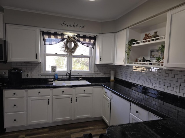 25290 Foothill Ave, Tomah, WI 54660 - kitchen with white cabinetry, a sink, ornamental molding, and open shelves
