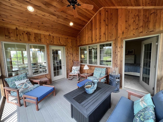 exterior space with outdoor lounge area, ceiling fan, and a deck