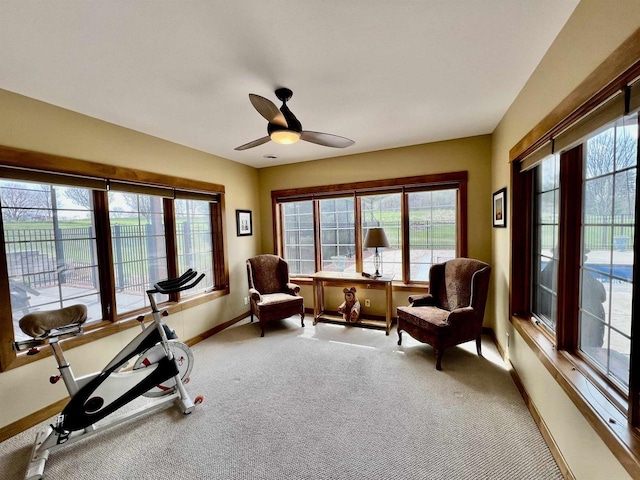 living area with baseboards, carpet, and a healthy amount of sunlight
