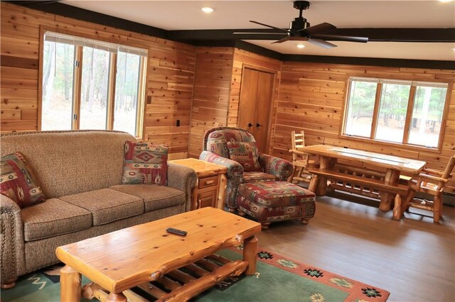 28942 Spring Green Way, Danbury, WI 54830 - living room with wood finished floors, wooden walls, recessed lighting, and a ceiling fan