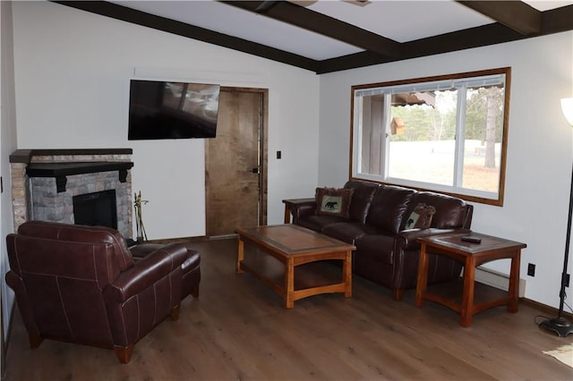 28942 Spring Green Way, Danbury, WI 54830 - living room featuring baseboards, lofted ceiling with beams, wood finished floors, and a fireplace