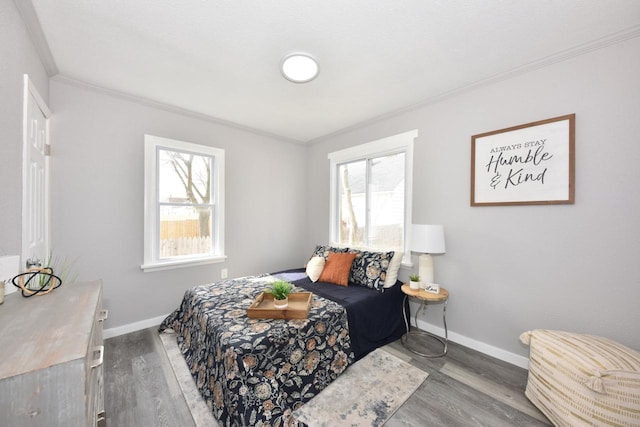 bedroom with baseboards, multiple windows, and wood finished floors